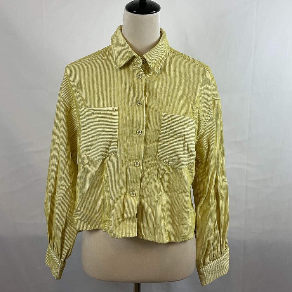 FRNCH Top S Chartreuse White Textured Stripe Cropped Button Front Long Sleeve